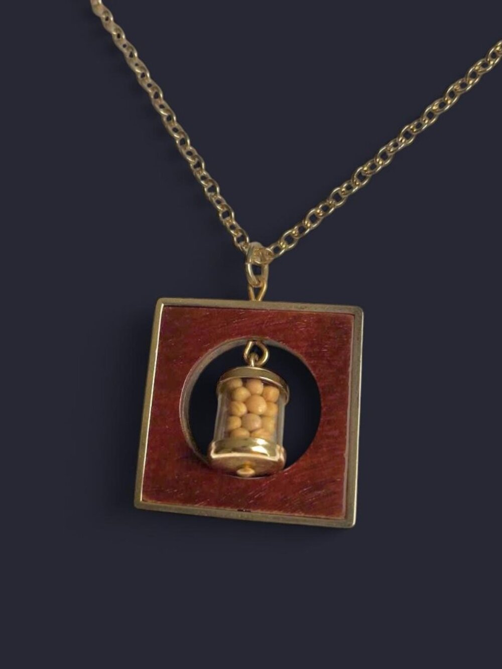 Vintage 1970s Glass Vial Mustard Seed of Faith Wood Pendant Necklace Christian